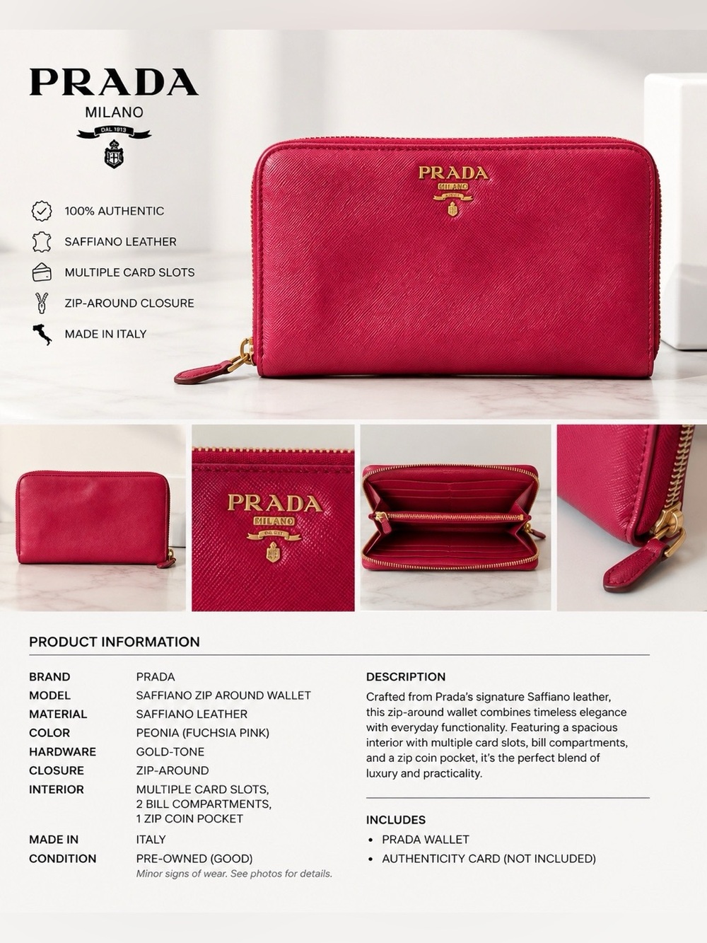 PRADA Saffiano Zip Around Wallet – Peonia/Fuchsia Pink 💗
